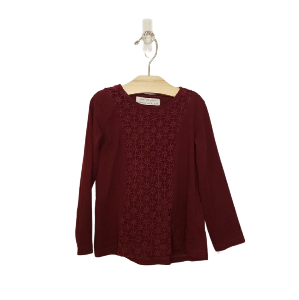 Zara 4 Toddler Girl Burgundy Floral Lace Overlay Long Sleeve Tee Shirt